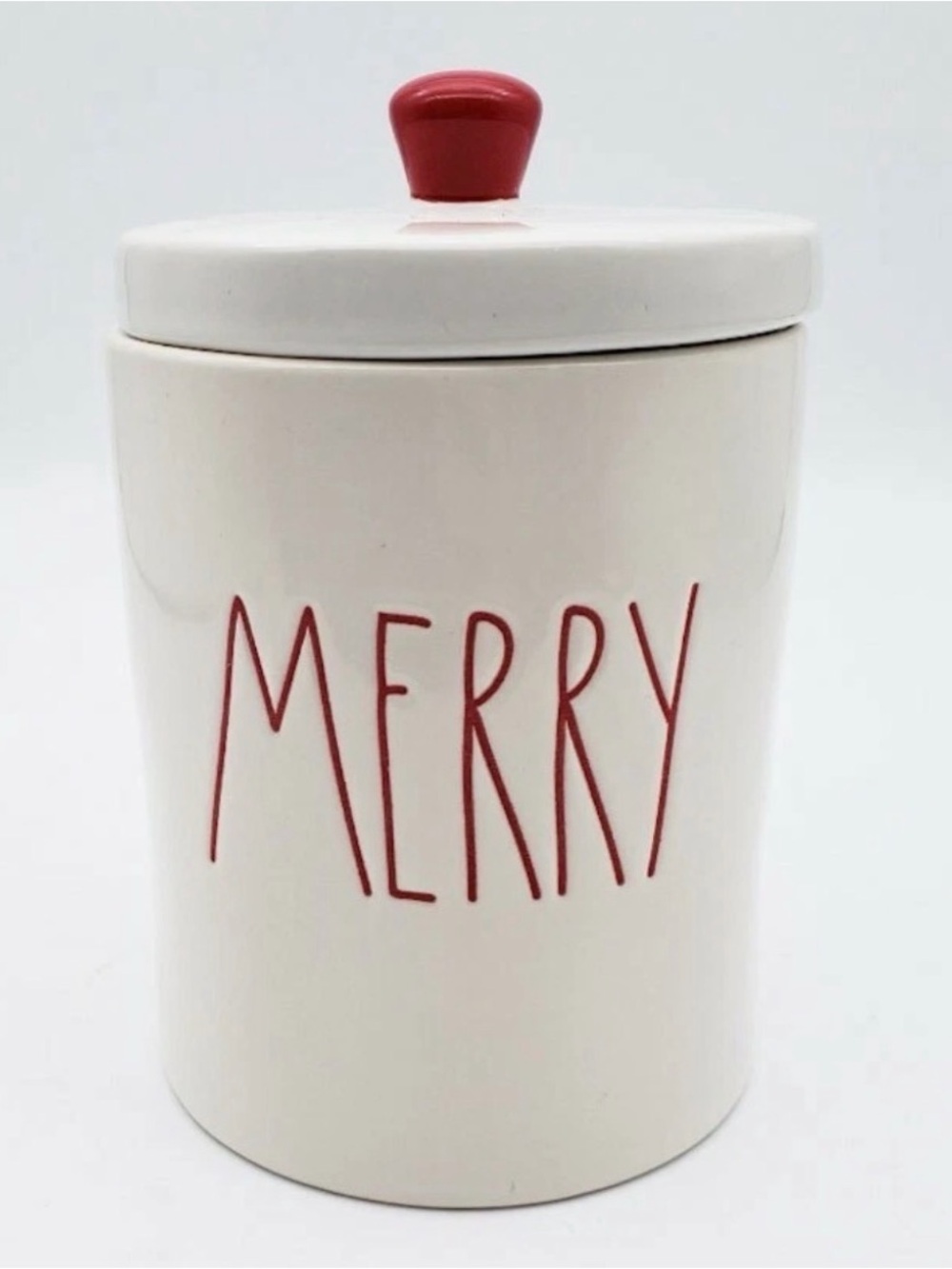 Rae Dunn Ceramic 'MERRY' Canister in White with Red Accents